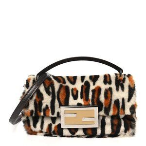 Fendi Calf Hair Leopard Print Phone Baguette Moro Shoulder Bag Crossbody